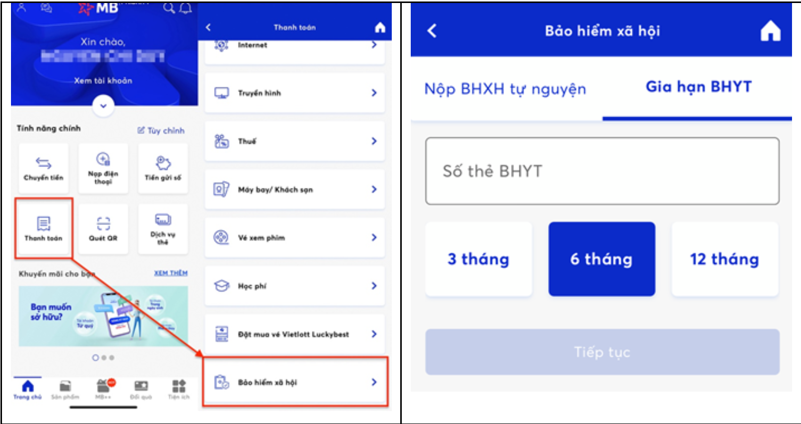 Hướng dẫn đóng tiếp BHXH tự nguyện, gia hạn thẻ BHYT qua ứng dụng trực tuyến của ngân hàng