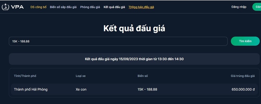 Biển số 15K-188.88 được đấu giá thấp nhất, giá chỉ bằng xe Mitsubishi Xpander