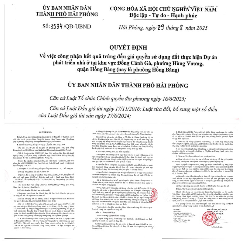 Hải Phòng công nhận kết quả trúng đấu giá đất tại khu Đồng Cánh Gà - Yêu cầu Công ty Cổ phần An Khang Land thực hiện nghiêm quy định pháp luật tại dự án